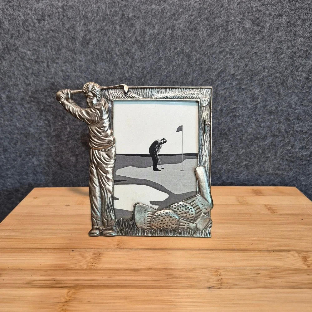 Vtg 1980s Pewter Golf Themed 3x5 Picture Frame Novelty Kitschy Sports